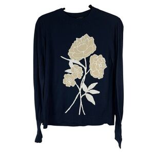 Ann Taylor Factory Women’s Navy Sweater with Cream Floral Design - Size Large